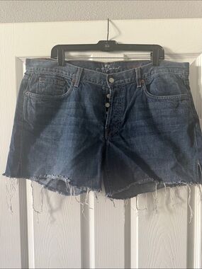 7 For All Mankind Dark Blue Denim Cutoff Shorts with Frayed Hem